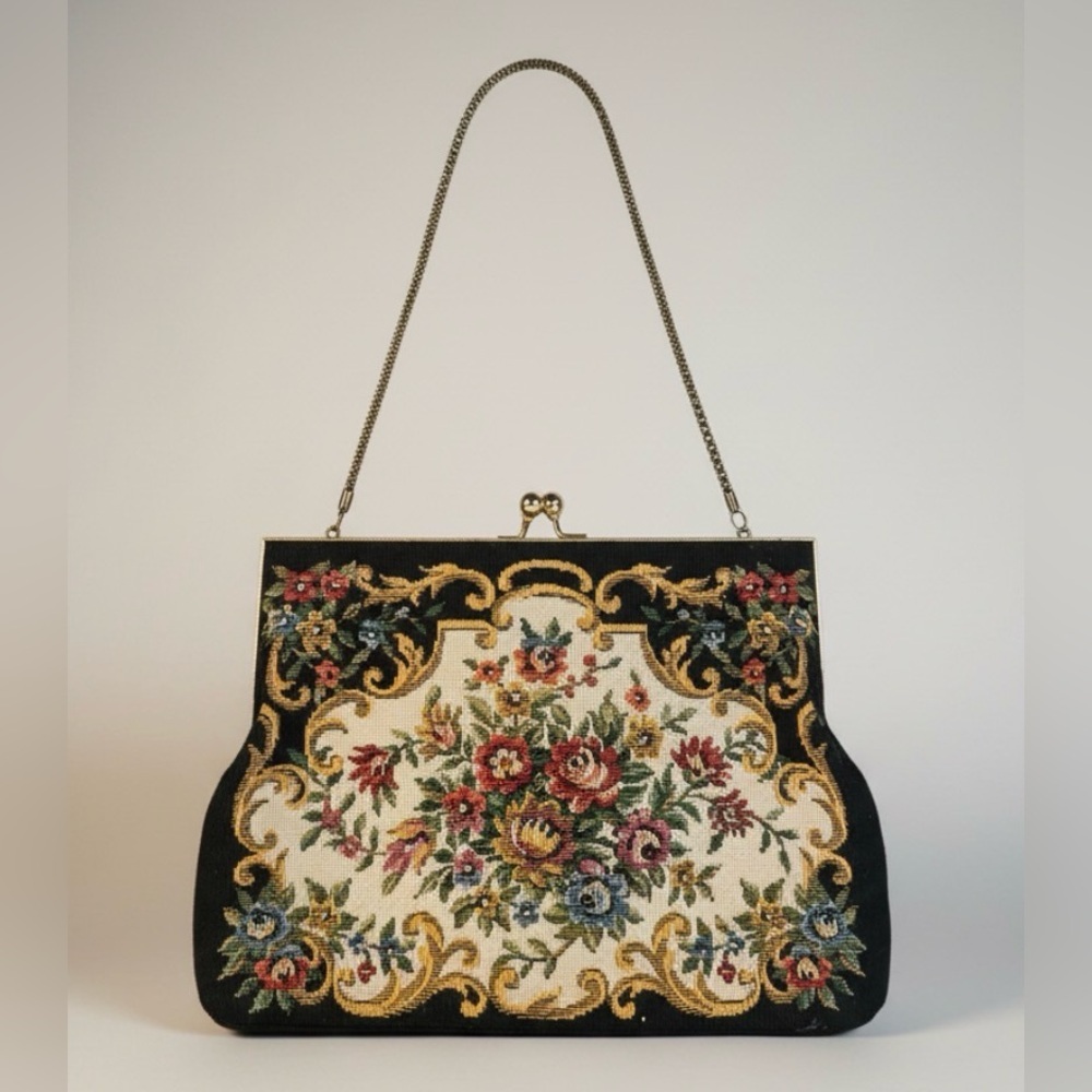 Vintage Floral Petit Point Needlepoint Clutch with Gold Hardware